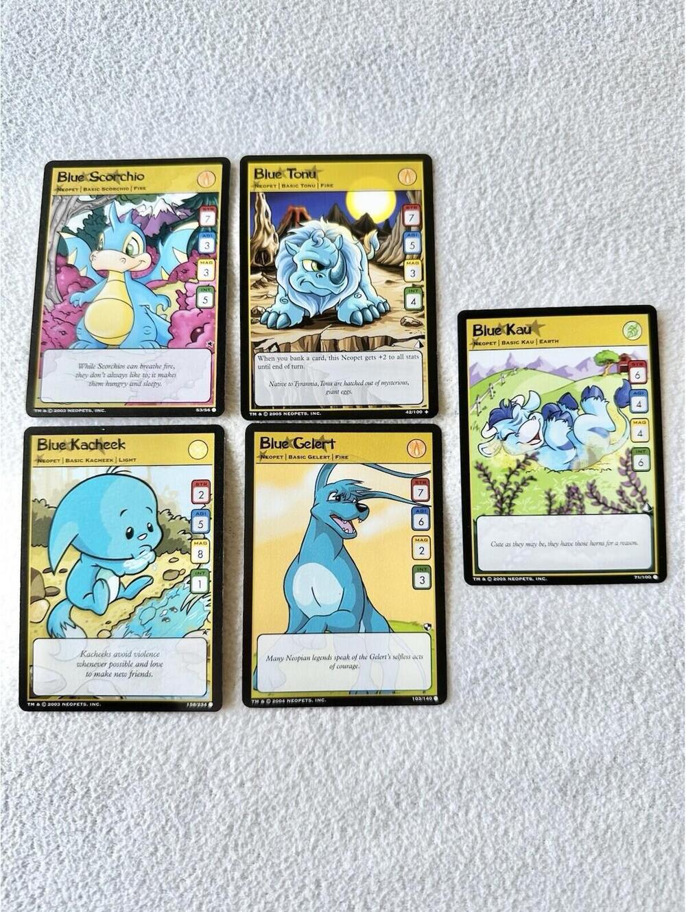 2003 Neopets TCG Blue Bundle of 5 Trading Cards Scorchio Gelert Kacheek Tonu Kau
